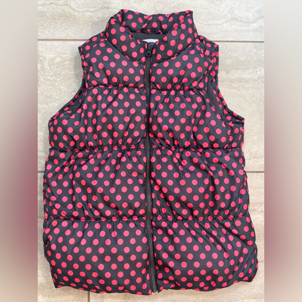 Old Navy Youth Girls XL (14) Gray & Pink Polka Dot Puffer Vest Frost Free